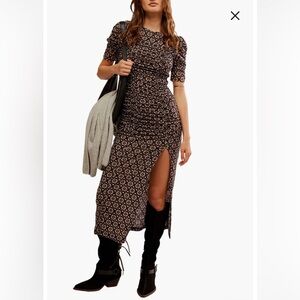 Free People Briella Ruched Midi Dress Black Comb